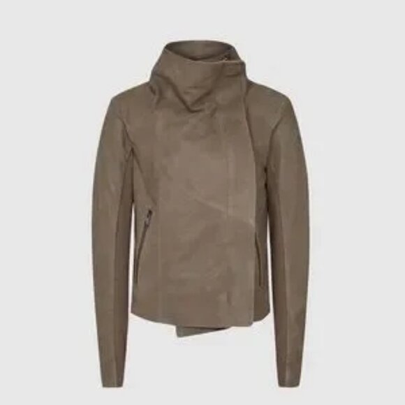NWT REISS Rae Rib Sleeve Leather Jacket In Stone - Picture 4 of 12